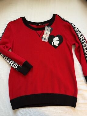 Karl Lagerfeld Red and Black Knit Sweater with Heart Patch